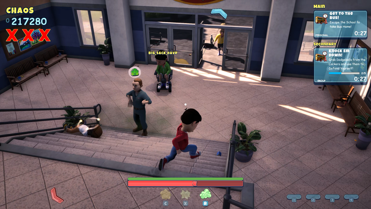 Kids sprinting for the school's front doors while a member of staff moves to cut them off, one player in a wheelchair ahead of them