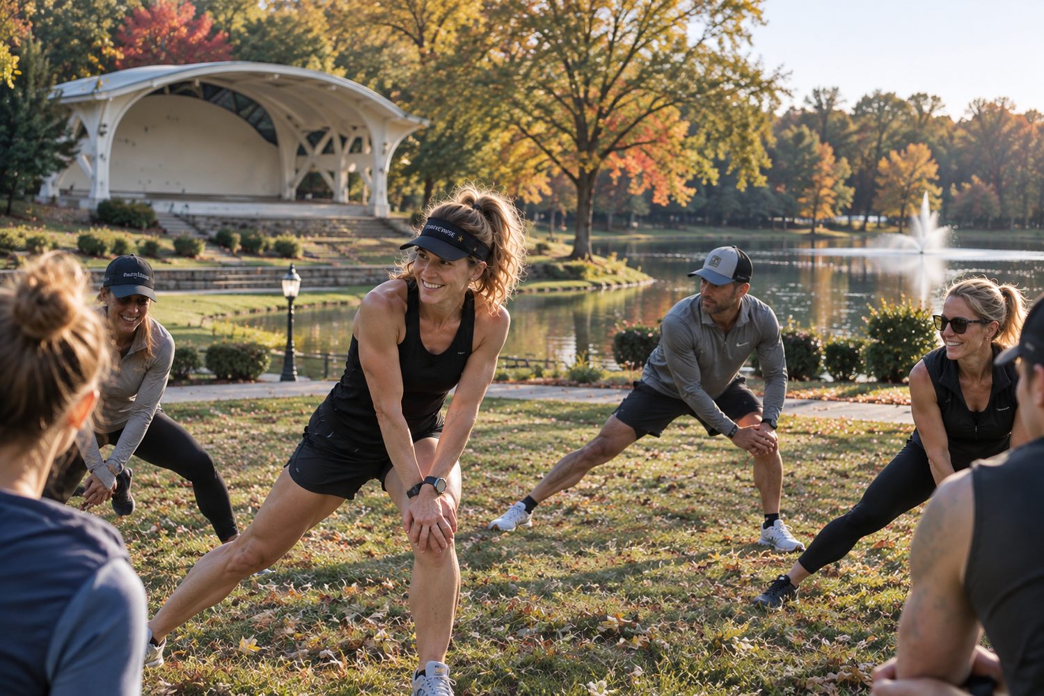 Coach Kristi Ray leading a group warm-up before a ThriveWise Run Club session at Freedom Park