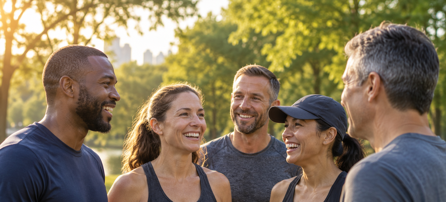 Charlotte Run Club participants talking and laughing after a coached group workout
