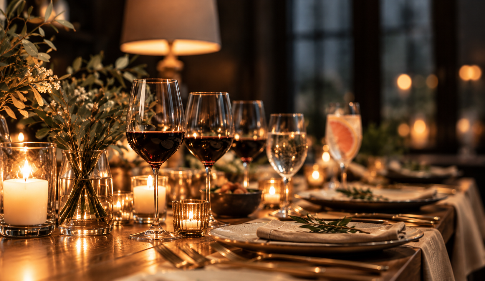 A candlelit dinner table set with glassware and greenery for a ThriveWise Dinner Club gathering in Charlotte