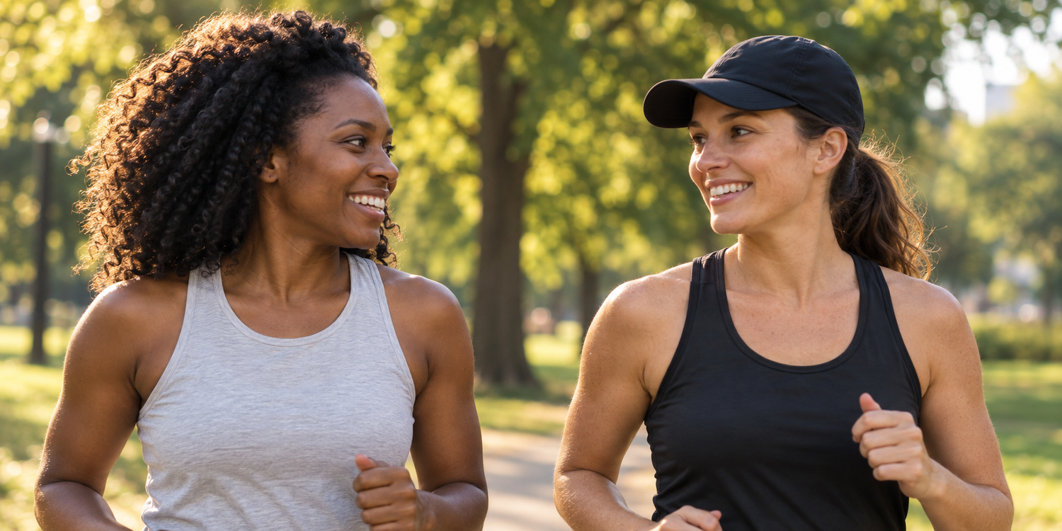 Two ThriveWise Run Club participants walking and talking together at Freedom Park in Charlotte