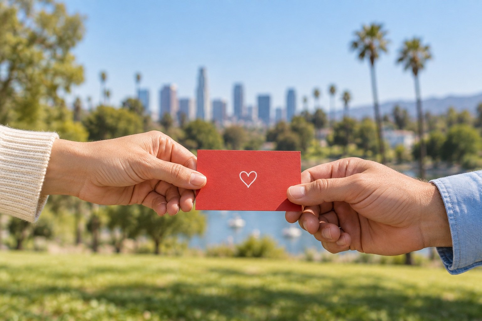 Two hands passing a red card with a white heart