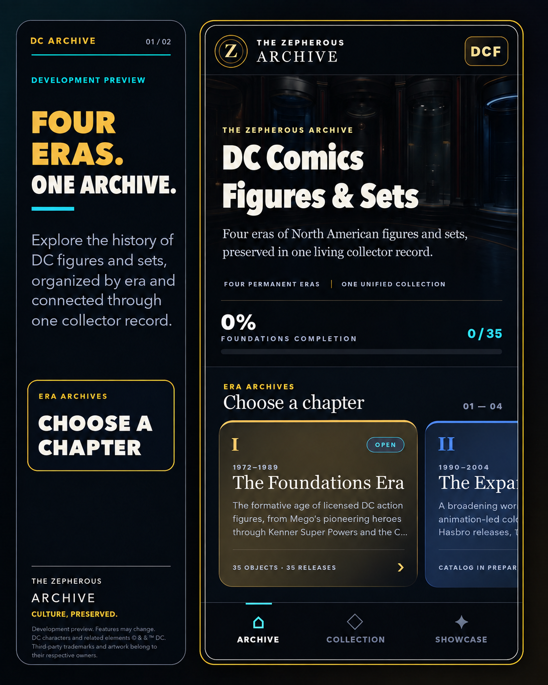 DC Comics Figures & Sets Archive development preview showing four era archives and the Foundations Era