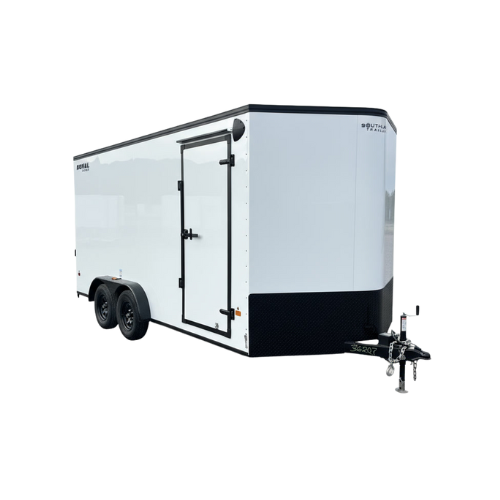 An enclosed trailer, painted white with a door on one side