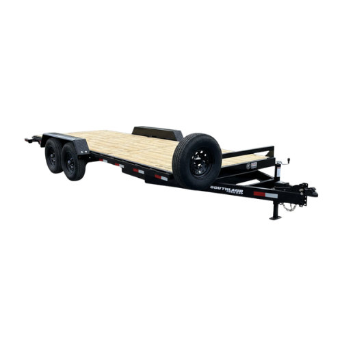 A car hauling trailer with a wooden deck, black accents and spare tire