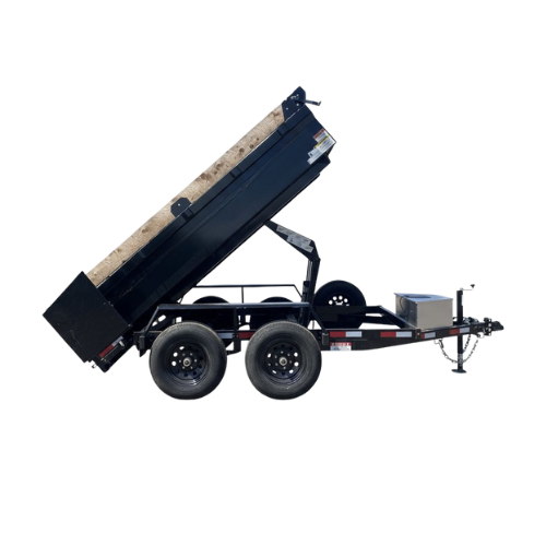 pictured is a dump trailer performing its dump mechanism