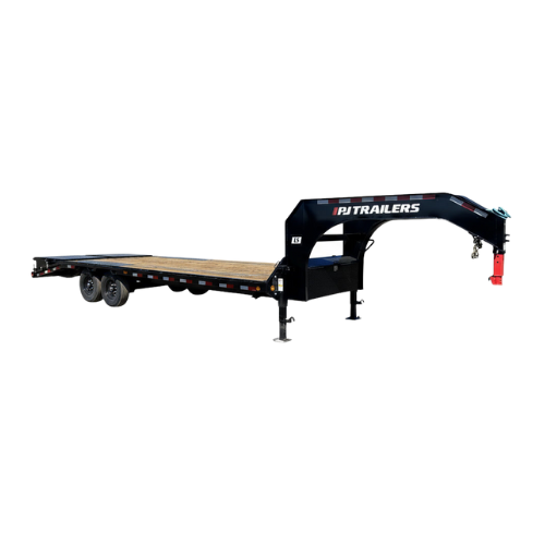 A gooseneck trailer with a wooden flatdeck and black accents