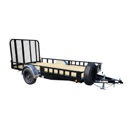 A utility trailer with a wood flatdeck and black accents and black gate