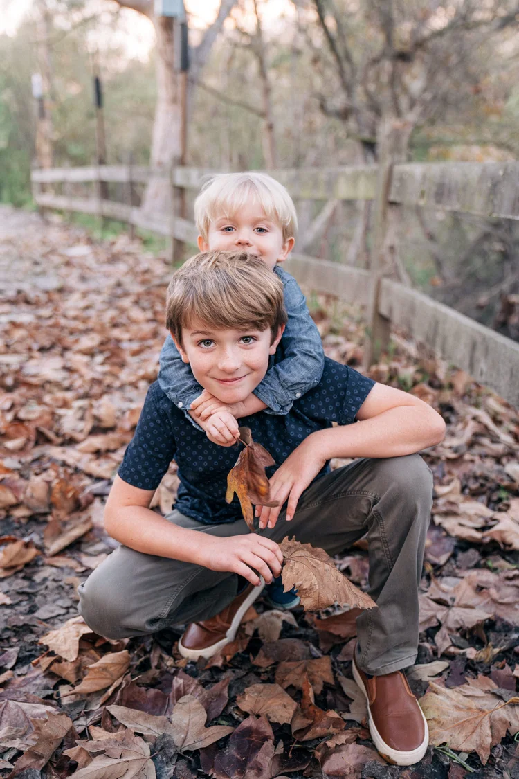 Two brothers playing in a pile of fallen leaves