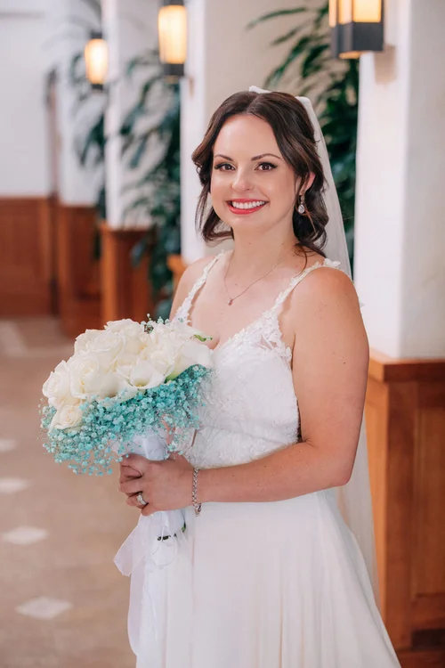 Jessica with her bouquet before the ceremony