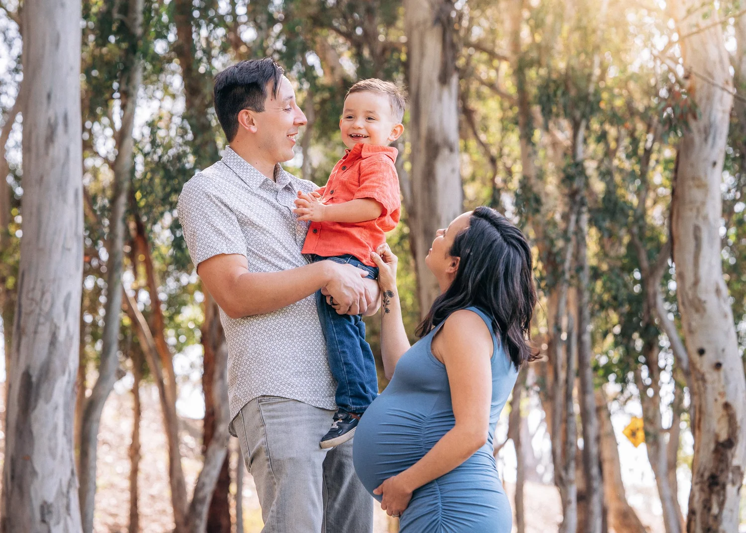 The Mulvey family maternity session under the eucalyptus at Serrano Creek Park in Lake Forest