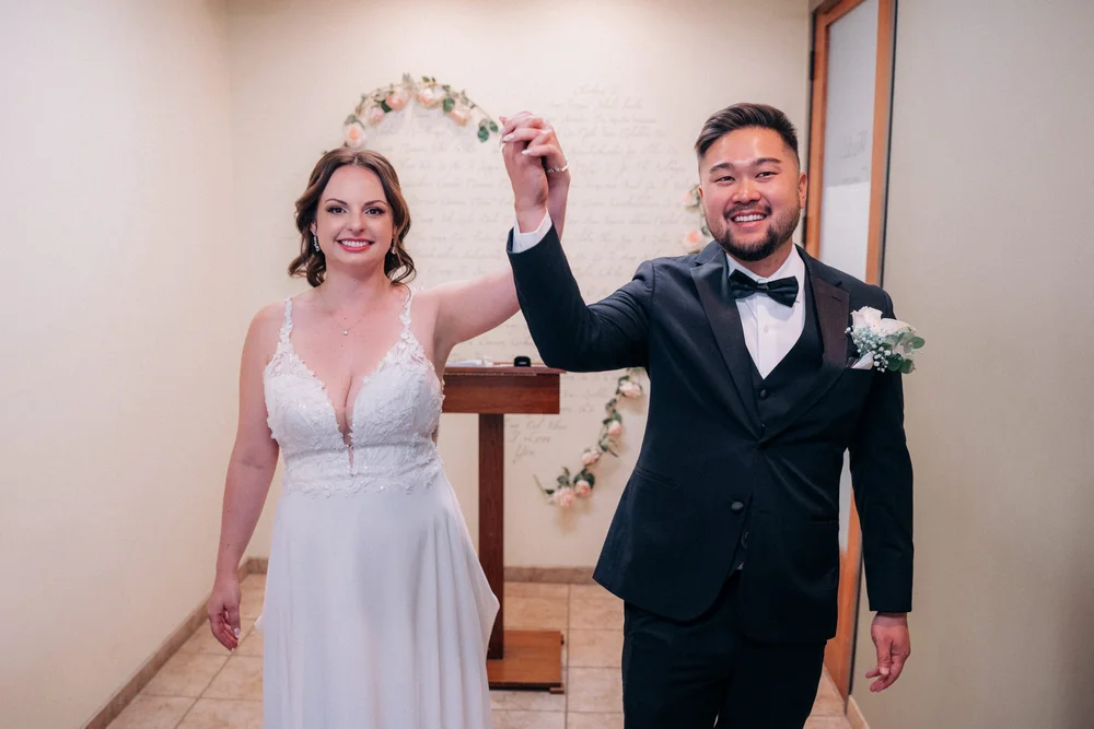 Jessica and Alex celebrating just after the ceremony