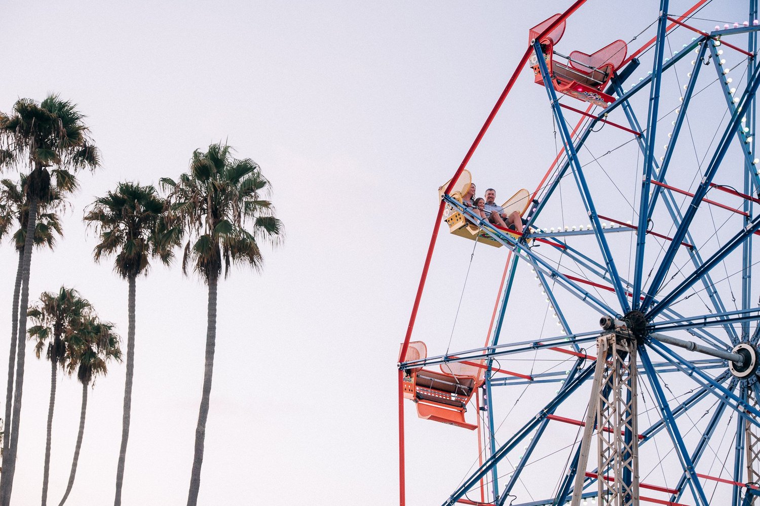 A ferris wheel and palm trees on Balboa Island during a family storytelling session