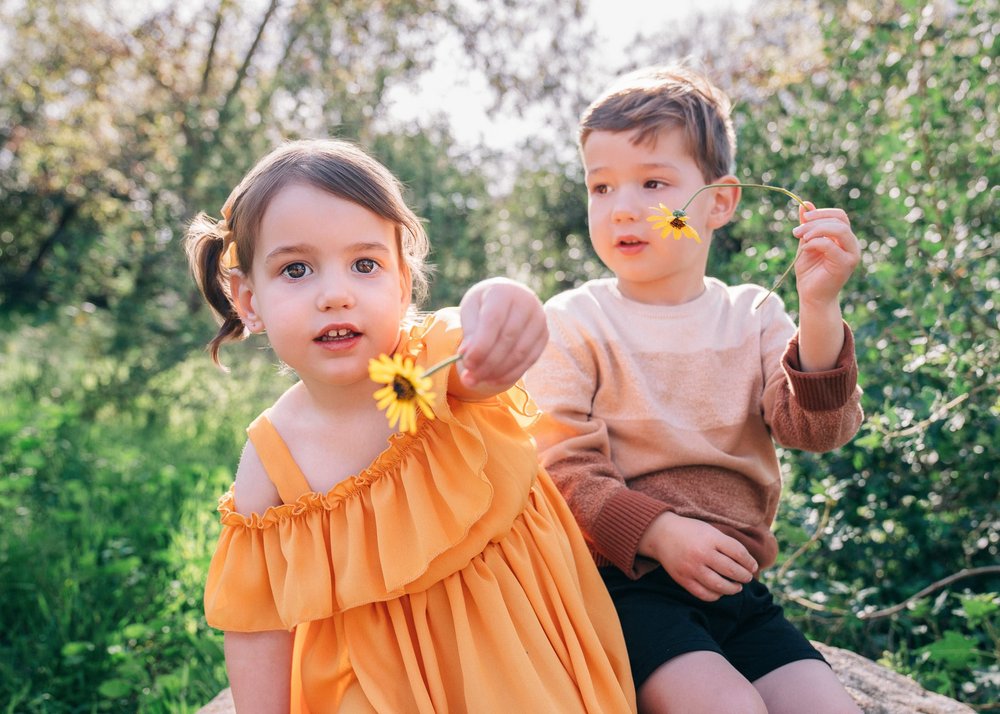 The two kids on the rock, each holding a yellow daisy up toward the camera