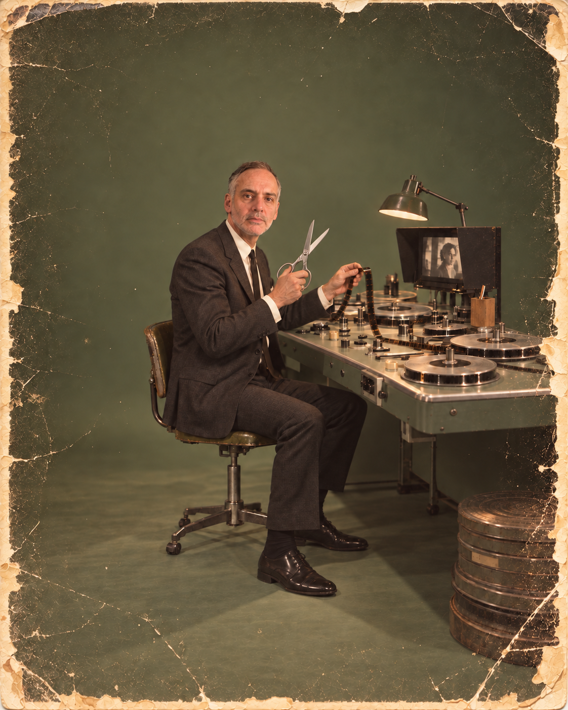 Portrait de John, monteur sur table Steenbeck avec ses ciseaux, studio années 60