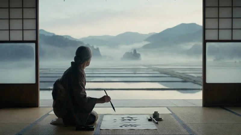 Un calligraphe face aux paysages du Japon dans le film Peugeot