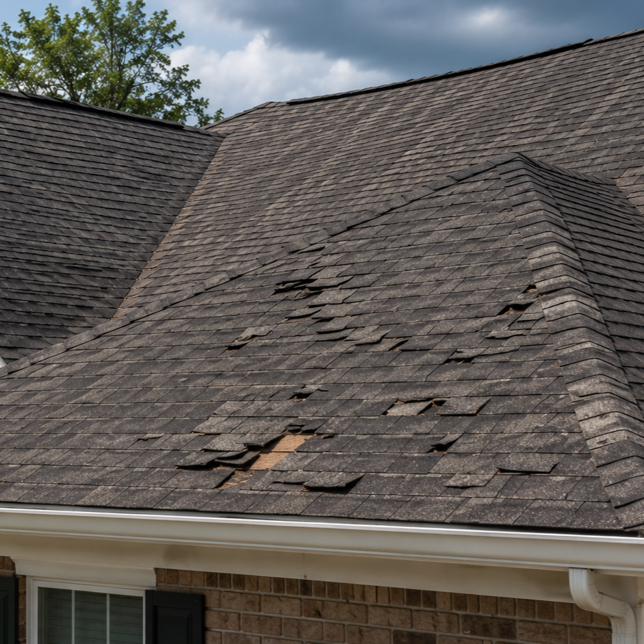 brown asphalt shingles missing near rooftop edge
