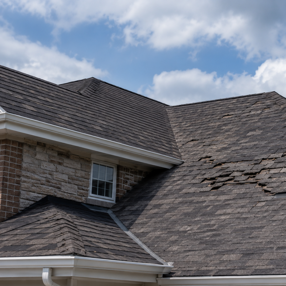 patch of missing asphalt shingles on dark roof