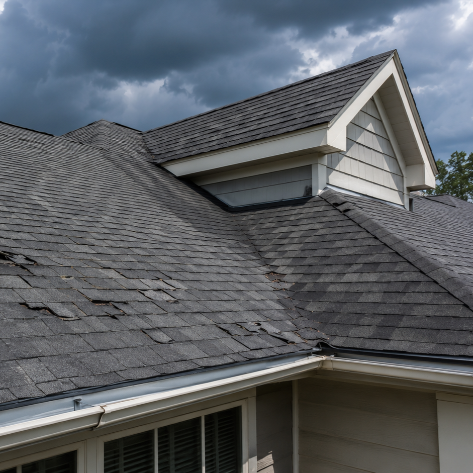 close-up of asphalt shingles with cracked and dented surface