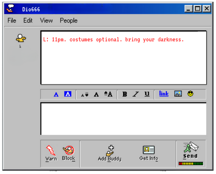 AOL Instant Messenger chat window reading '11pm. costumes optional. bring your darkness.'