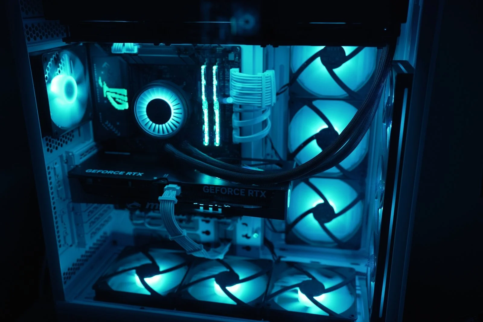 Combed white motherboard and graphics-card power cables inside a DLB PC.