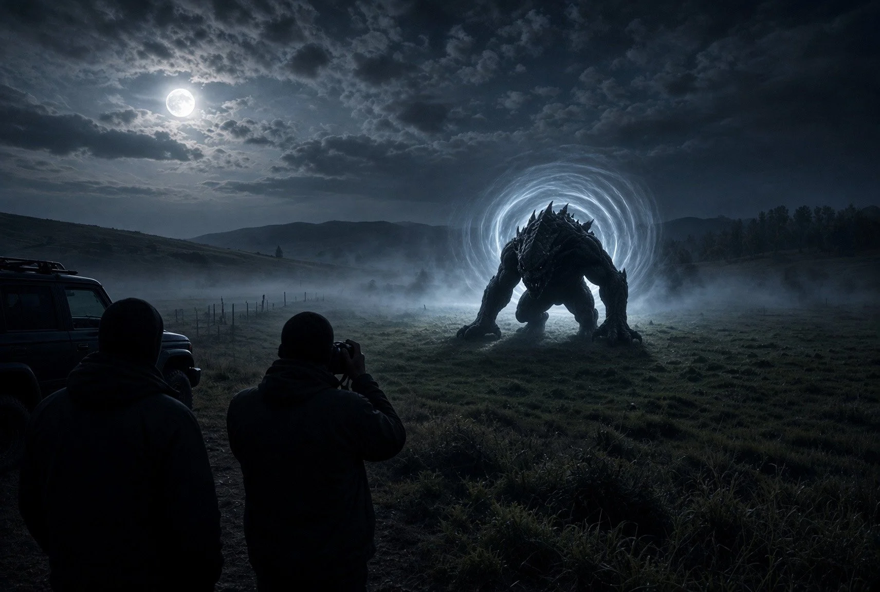 Illustration of a dark creature emerging from a tunnel of light at Skinwalker Ranch in Utah's Uintah Basin