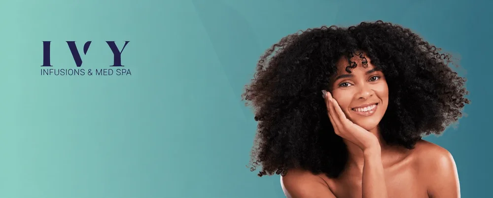 IVY Infusions & Med Spa logo and a smiling woman with curly hair against the original mint-to-teal background