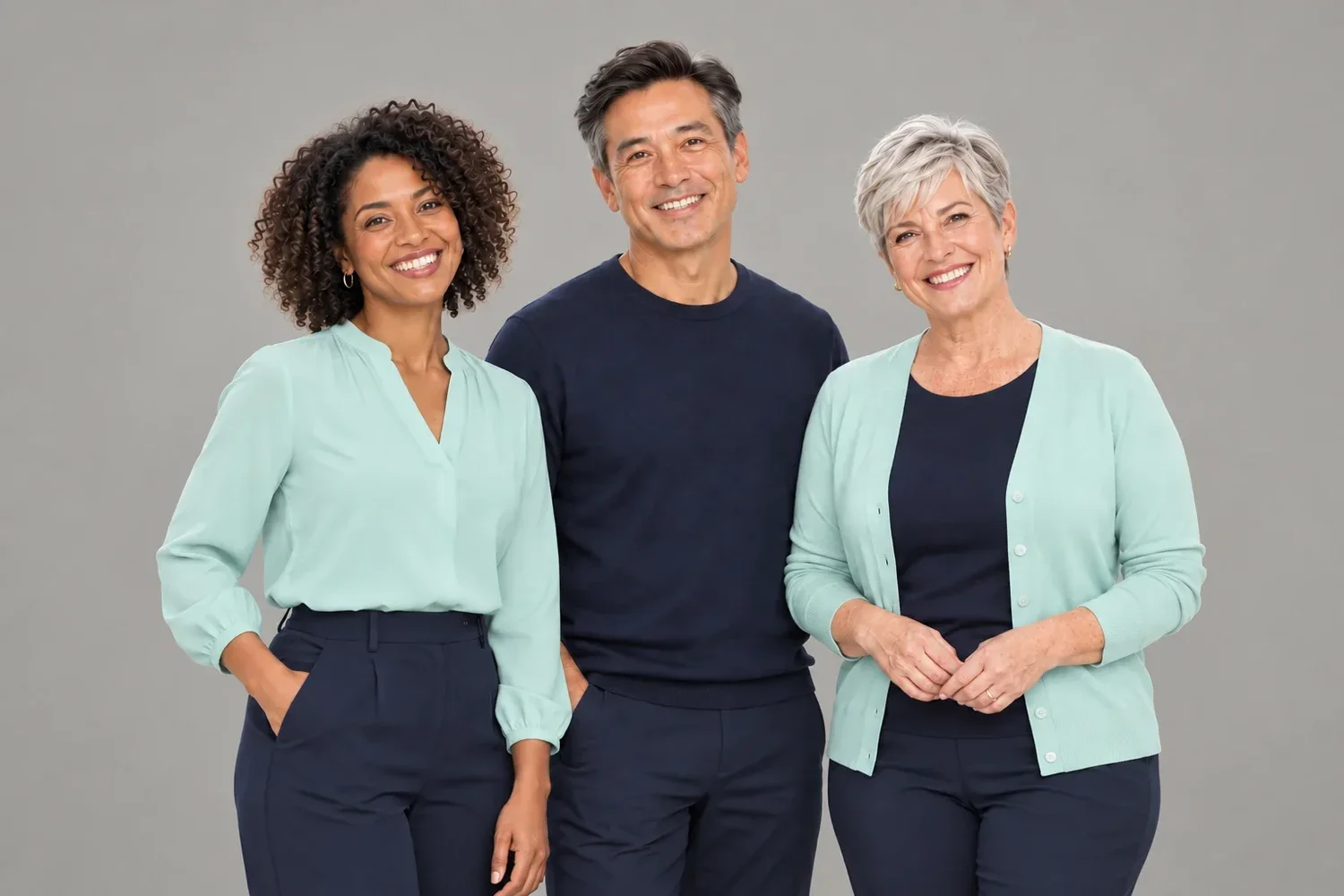Three adults in aqua and navy clothing against a plain gray studio backdrop