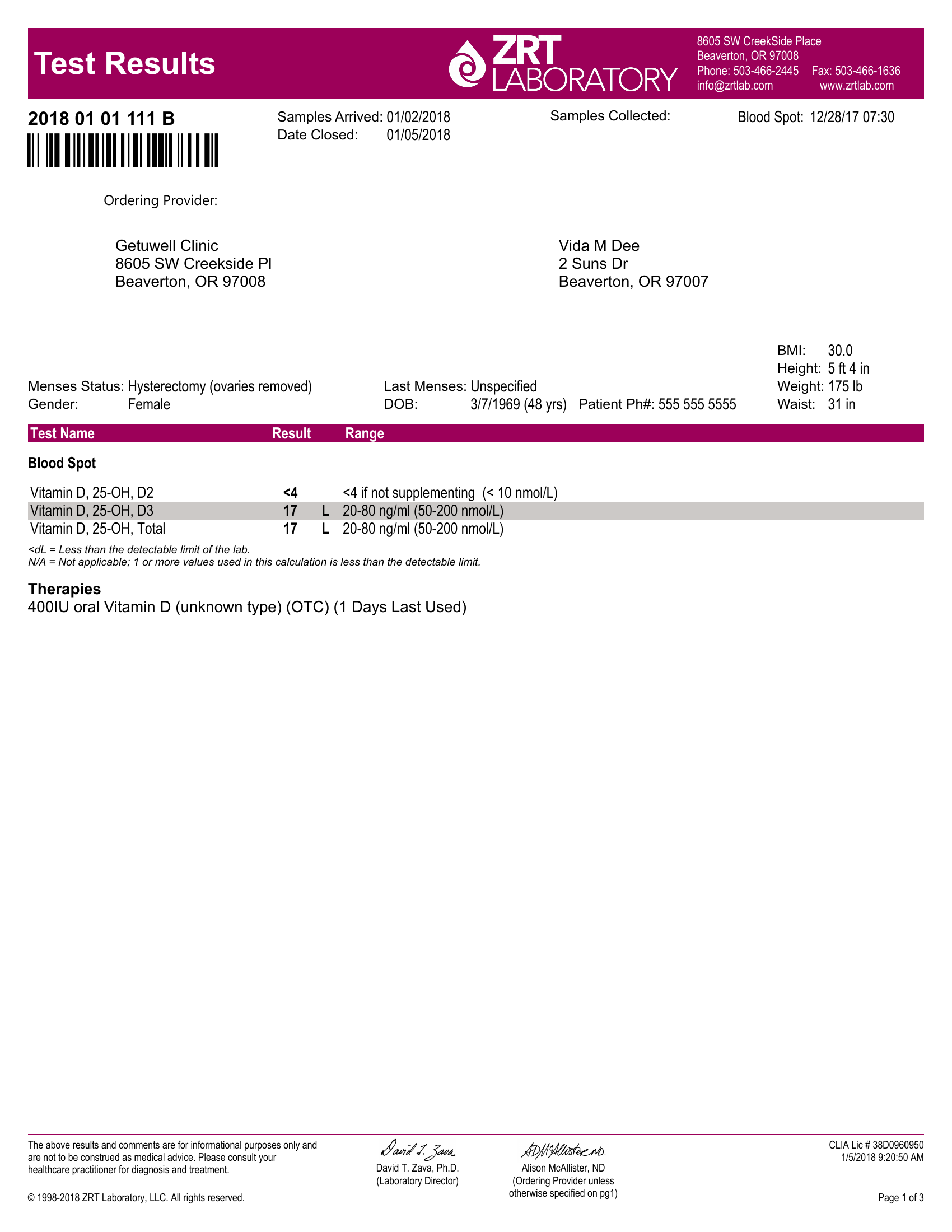 Sample vitamin D test report