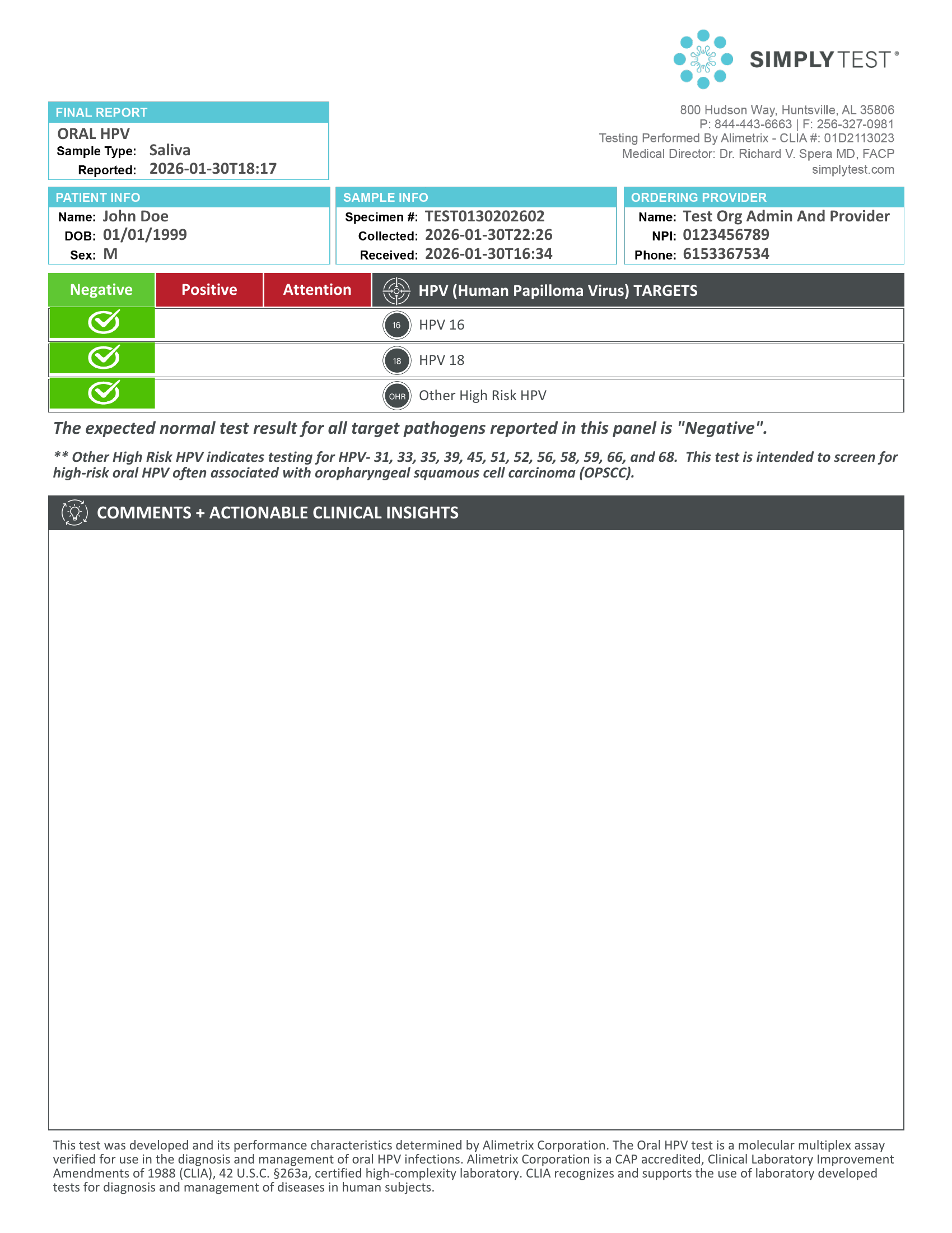 Sample oral HPV test report