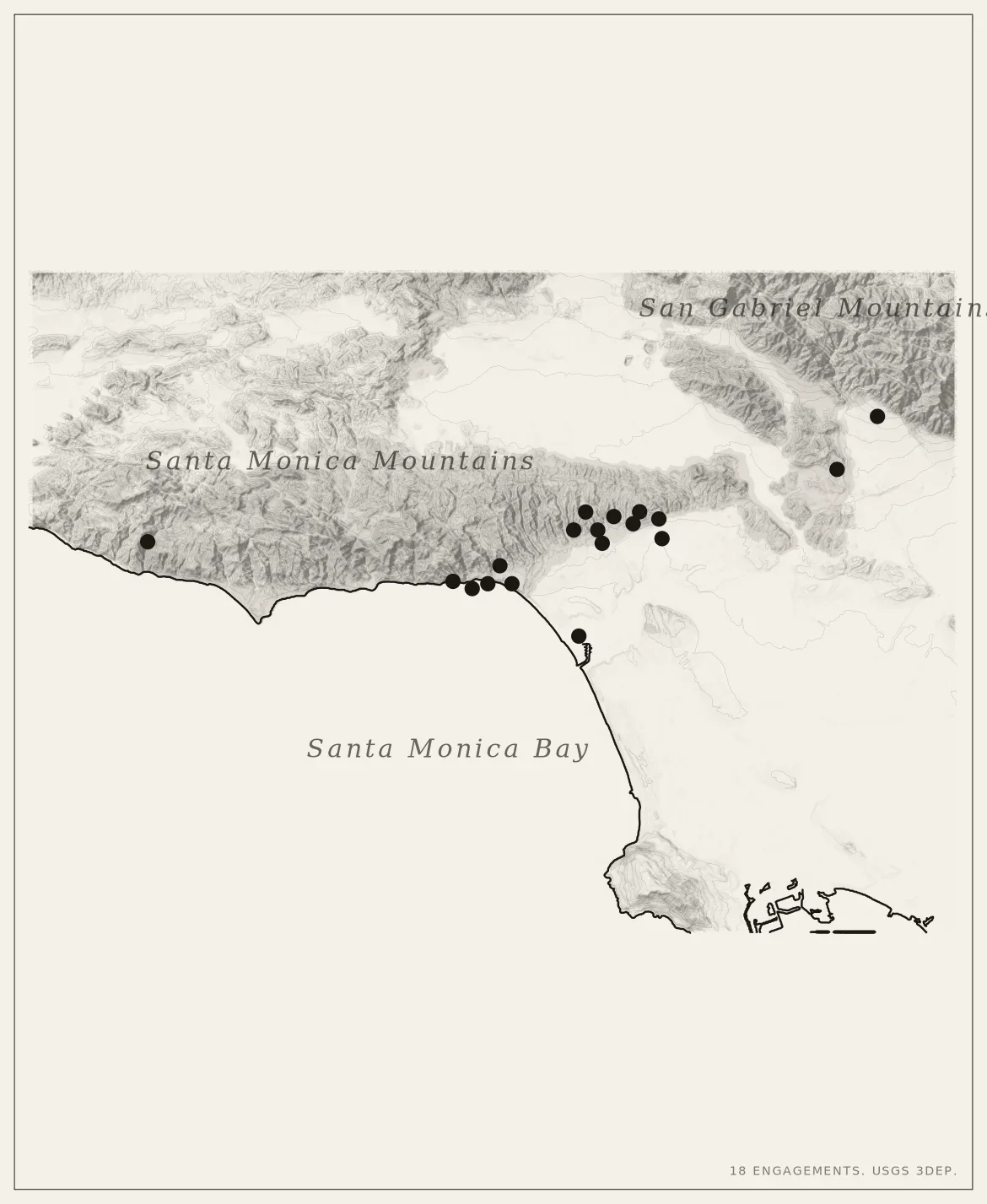 Topographic map of Benson Construction Group engagement submarkets in Los Angeles, from Malibu east to Altadena, on USGS elevation relief with CAL FIRE very high fire hazard severity zones.