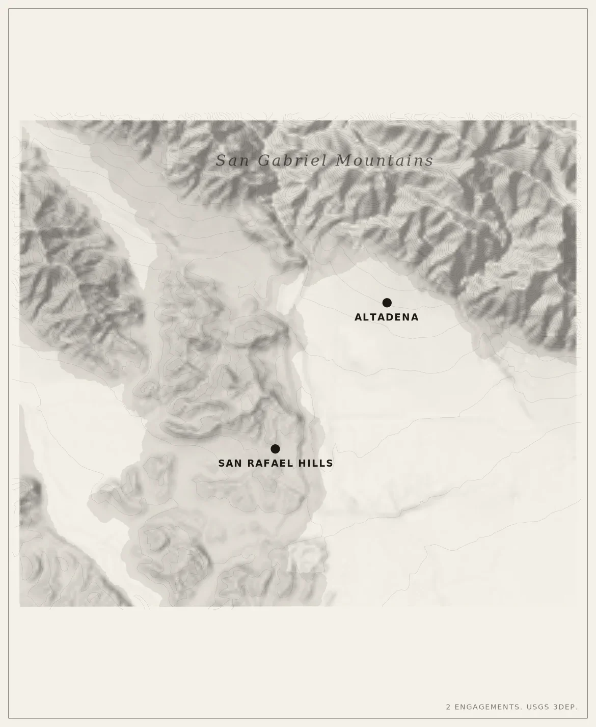 San Gabriel front panel of the engagement map, San Rafael Hills and Altadena.