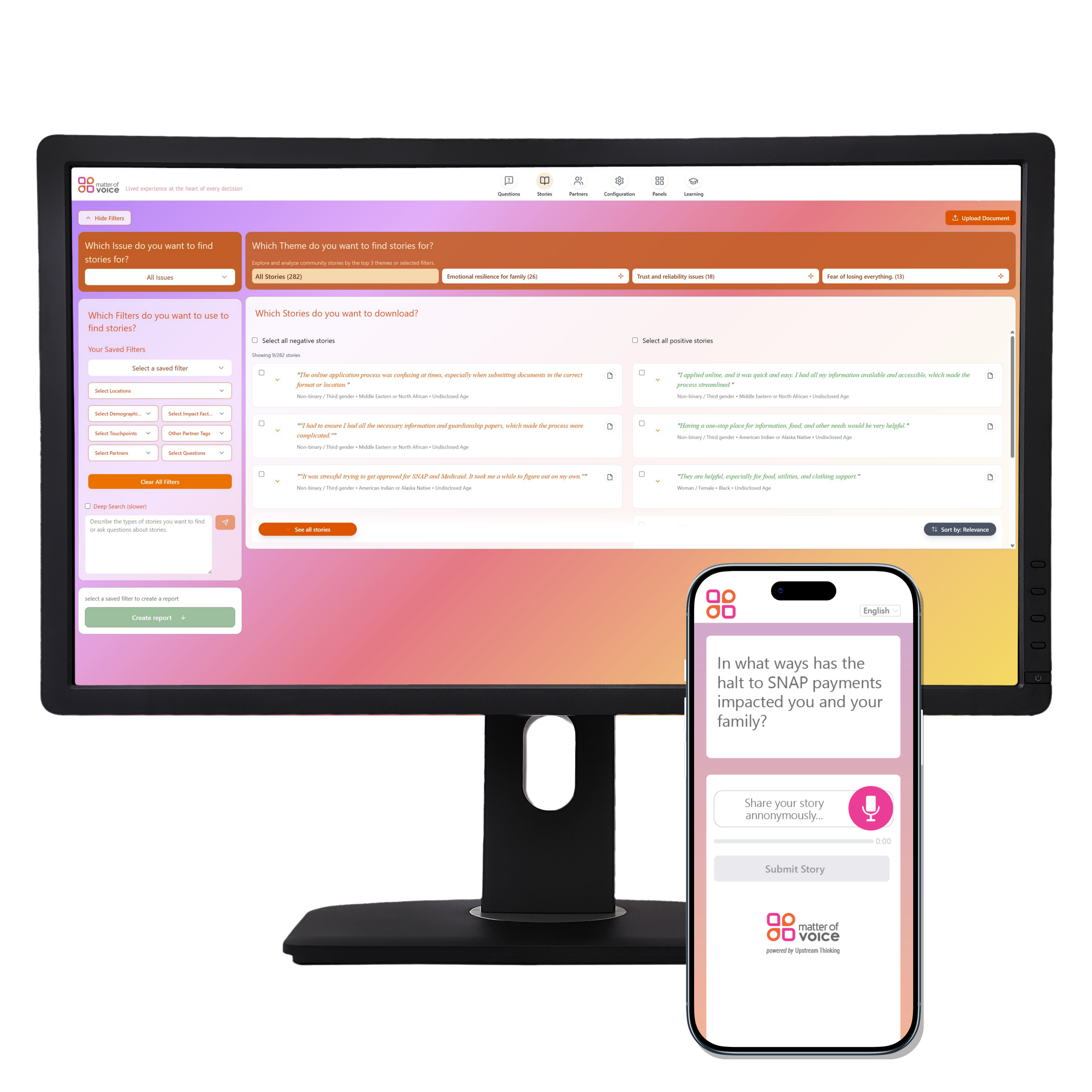Matter of Voice platform dashboard and mobile story collection view