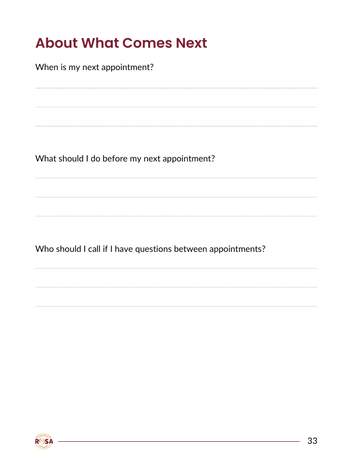 ROSA workbook page About What Comes Next, with questions about appointments and space for notes