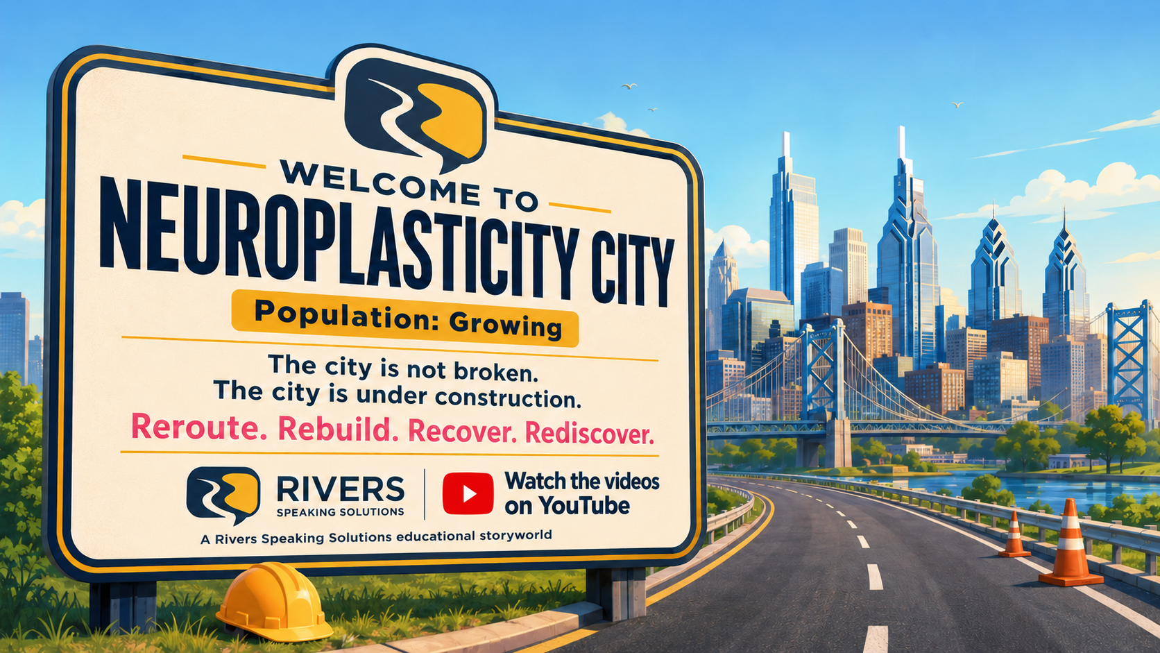 Neuroplasticity City welcome billboard: Reroute. Rebuild. Recover. Rediscover.