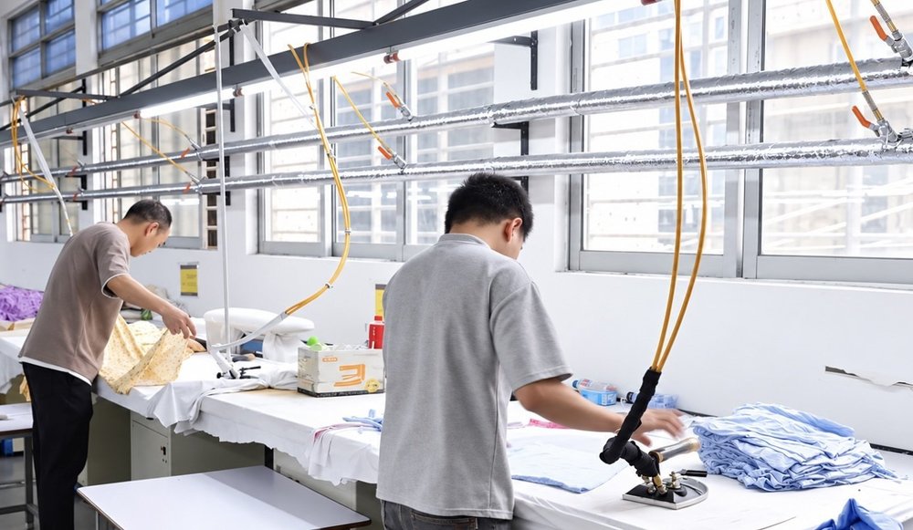 Workers pressing and arranging shirts at garment finishing tables