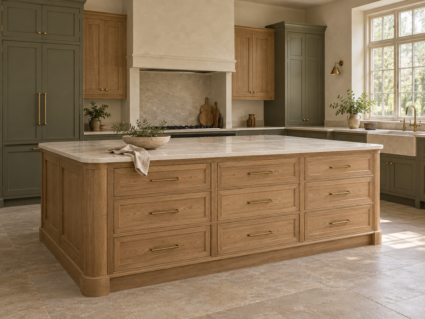AI design concept: bespoke oak kitchen island with stone worktops and olive cabinetry