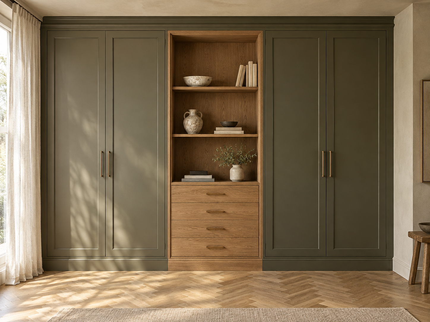 AI design concept: olive fitted wardrobes with oak shelving and brass handles