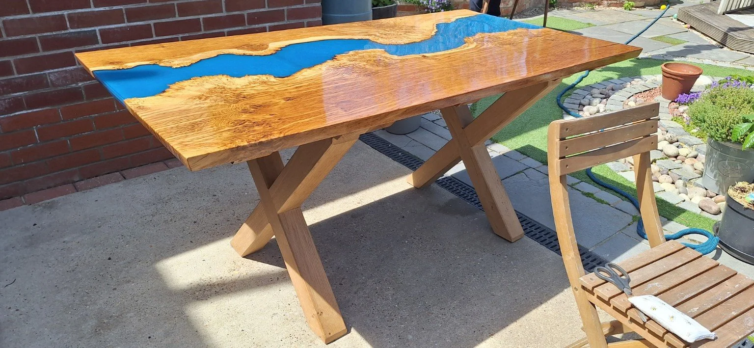 Original Oakline timber and blue resin river table photograph