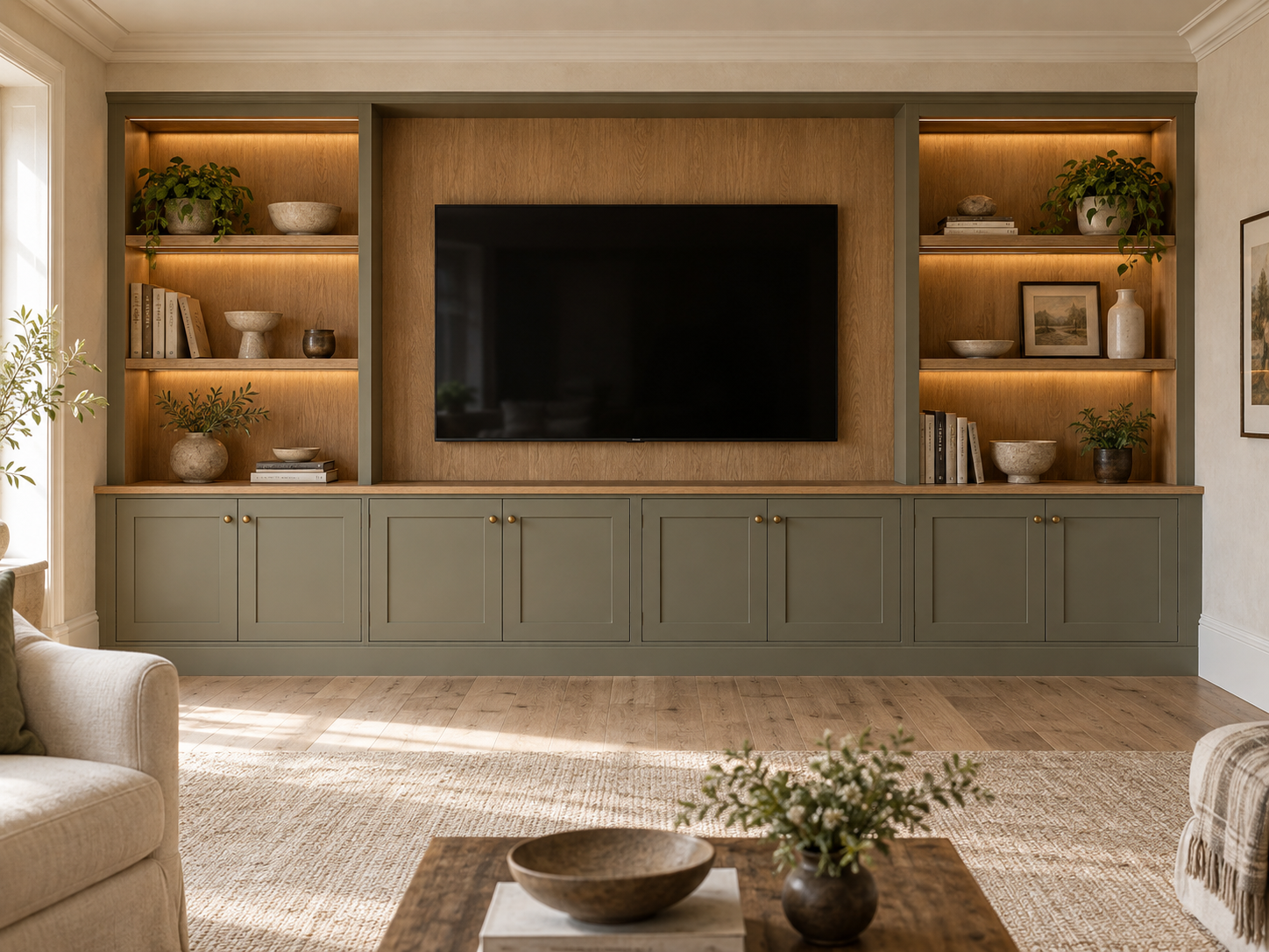AI design concept: full media wall with oak shelving, olive cabinetry and integrated lighting