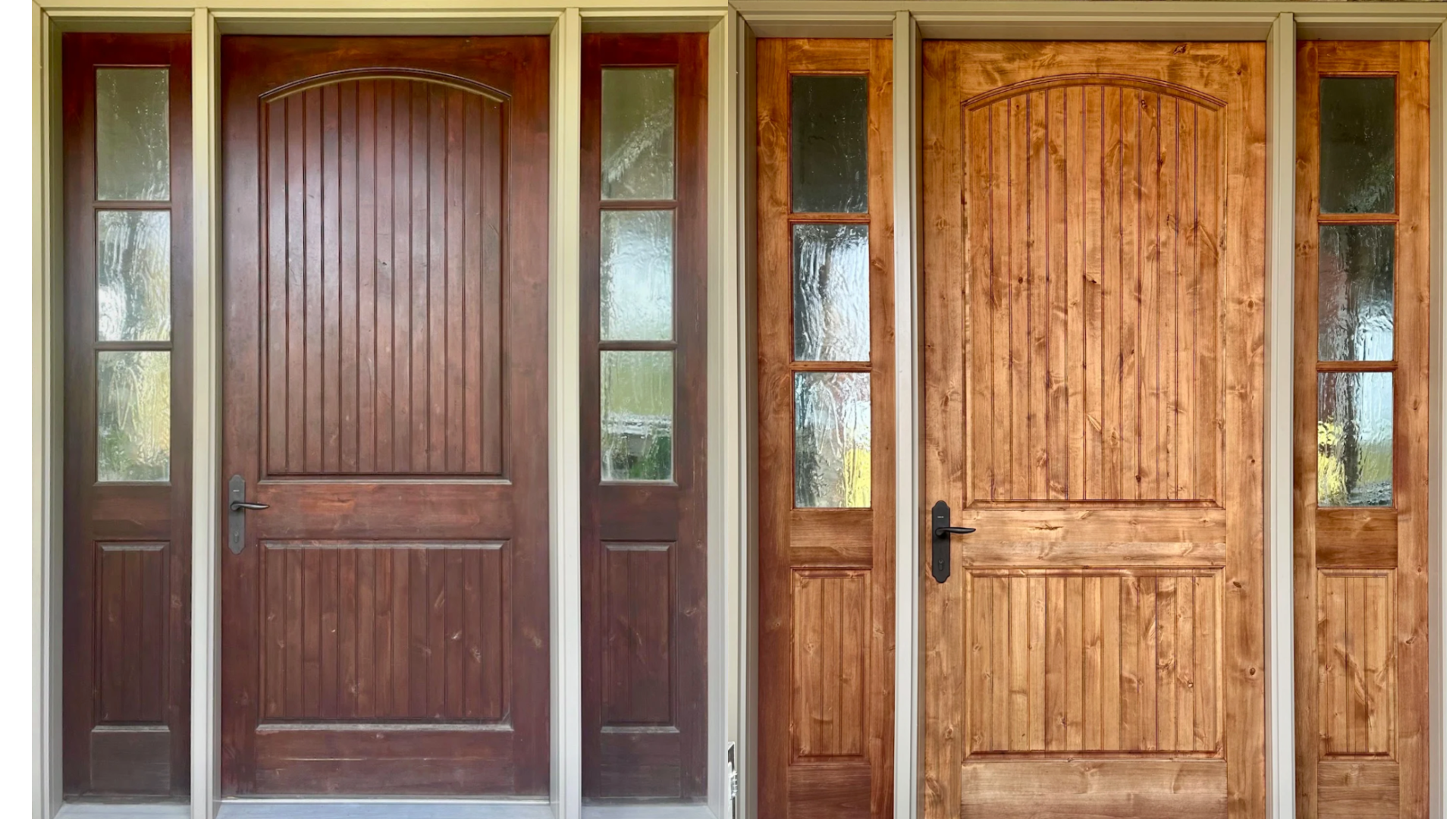 Before and after laser restoration of a historic door — original wood grain fully revealed