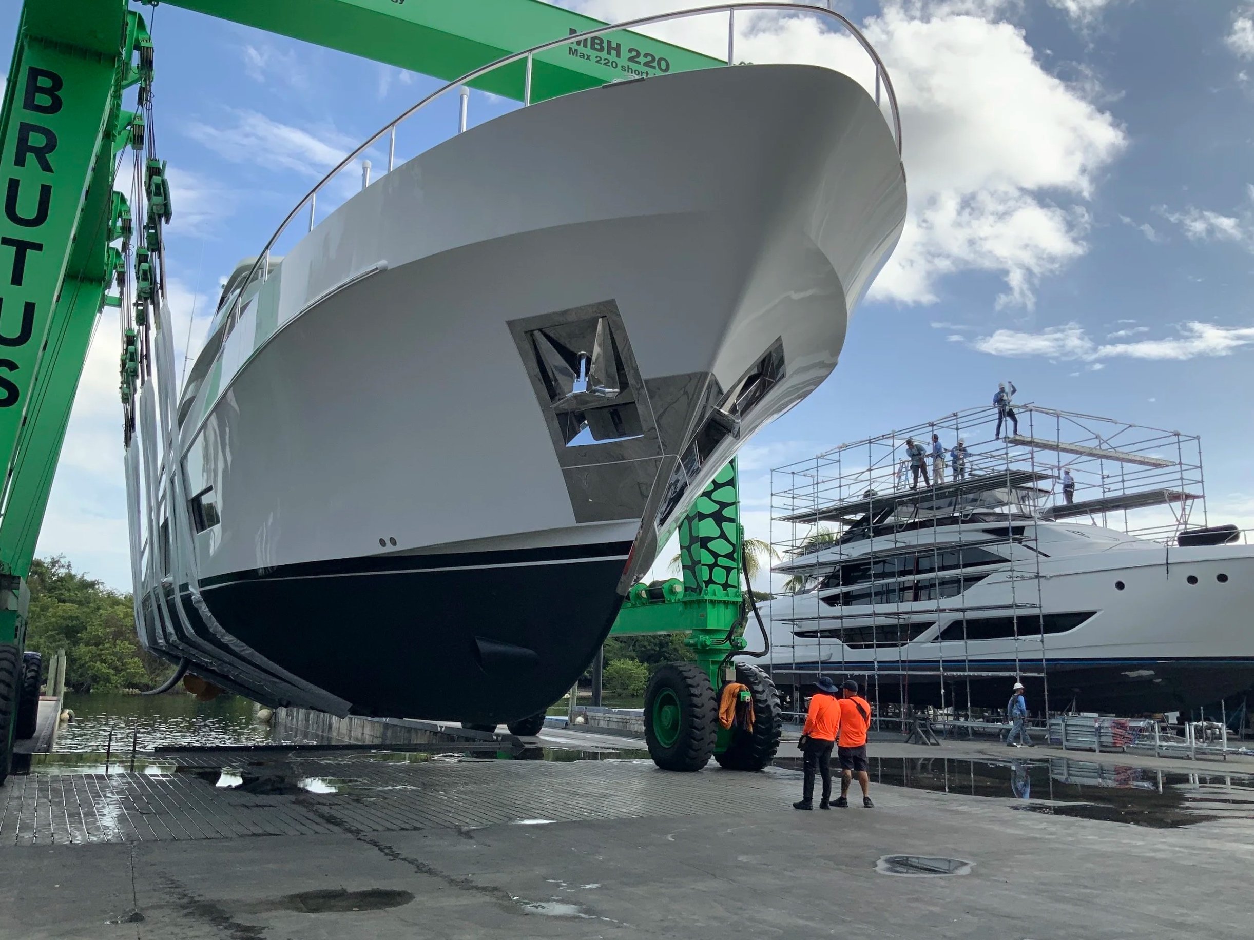 Yacht in travel lift at Florida, USA shipyard — KEY Marine Advisors project oversight