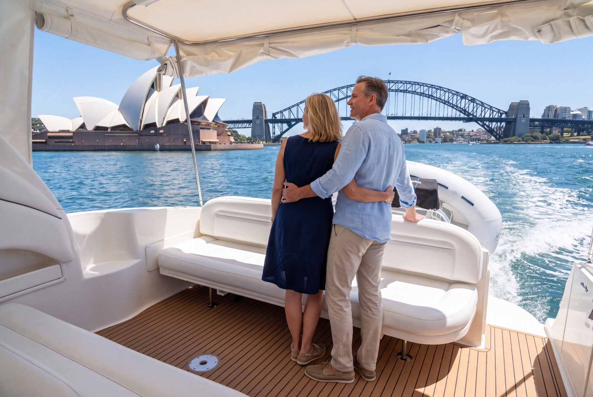Couple enjoying a private cruise past the Sydney Opera House