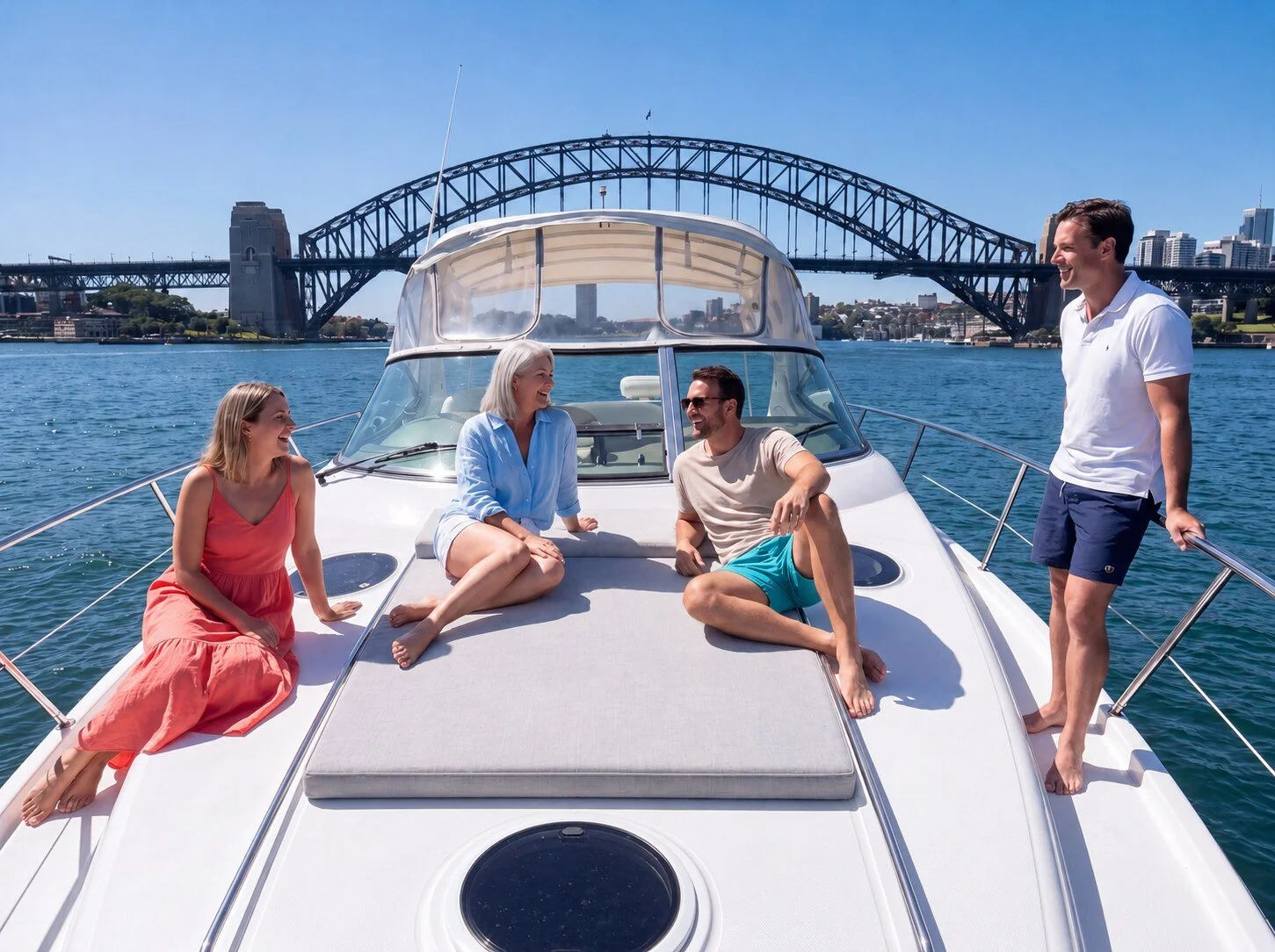 Friends enjoying a private Opal Escape charter on Sydney Harbour