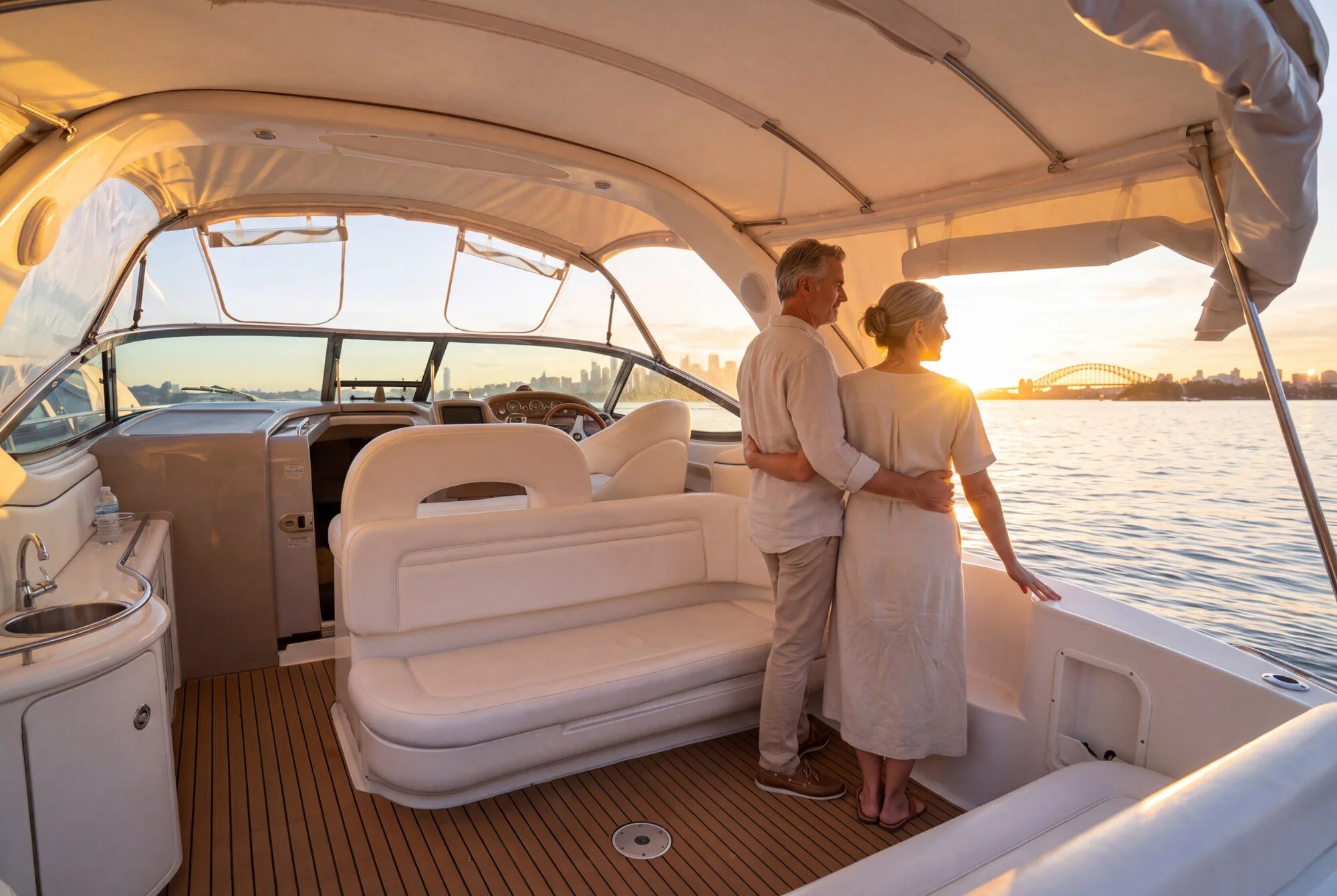 Couple enjoying sunset aboard Opal
