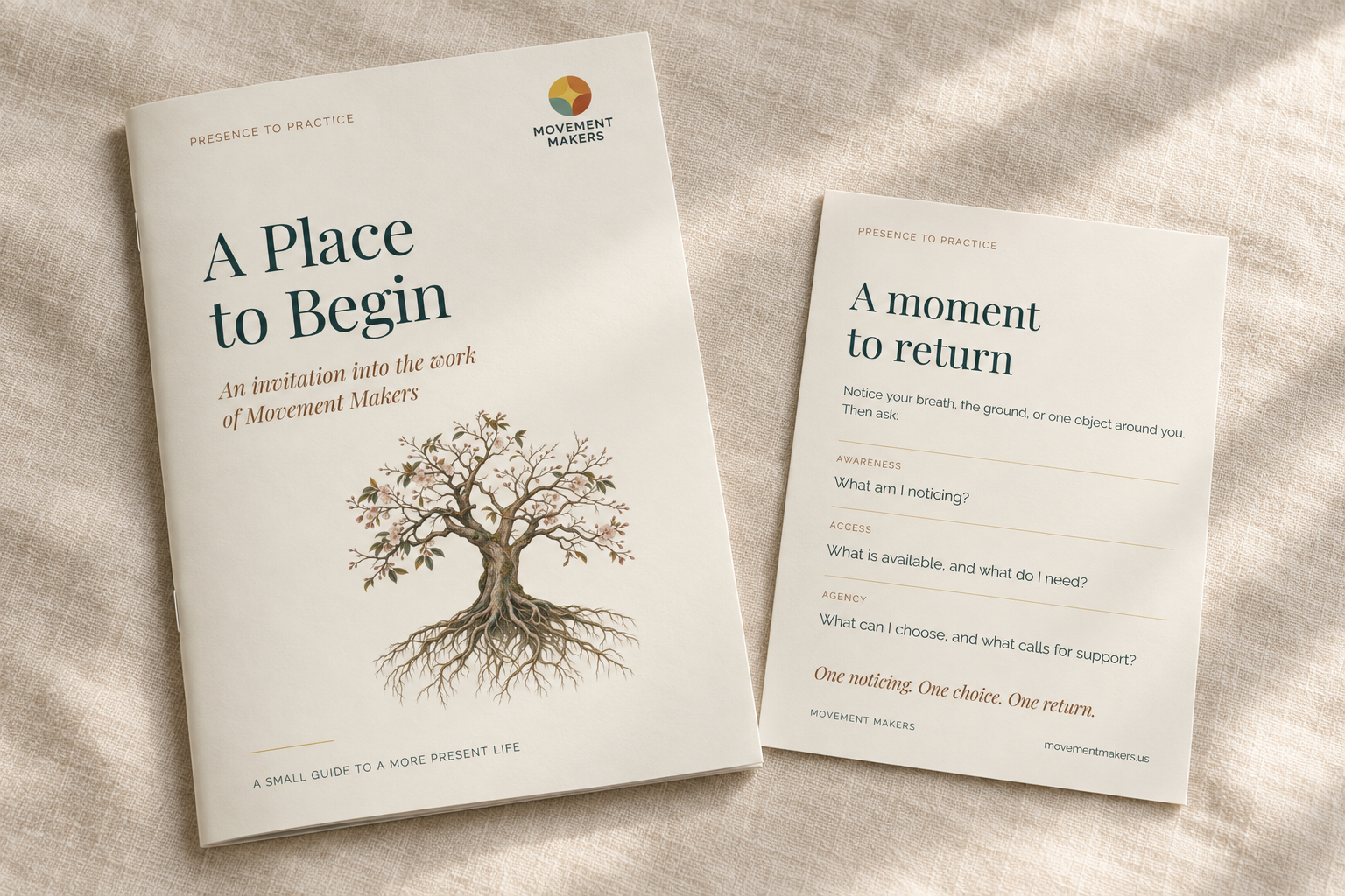 A Place to Begin booklet and A Moment to Return card, resting on warm linen.