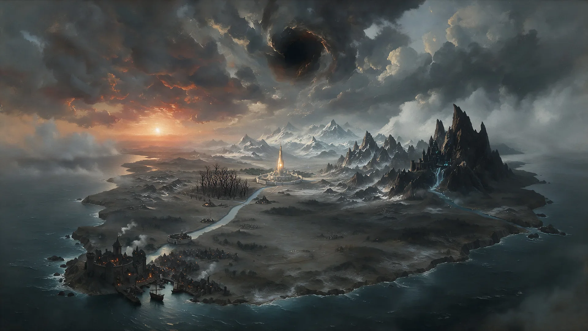 An imagined coastal land beneath a vast dark vortex, with a glowing walled city, a harbor, rivers, and snow-covered mountains.