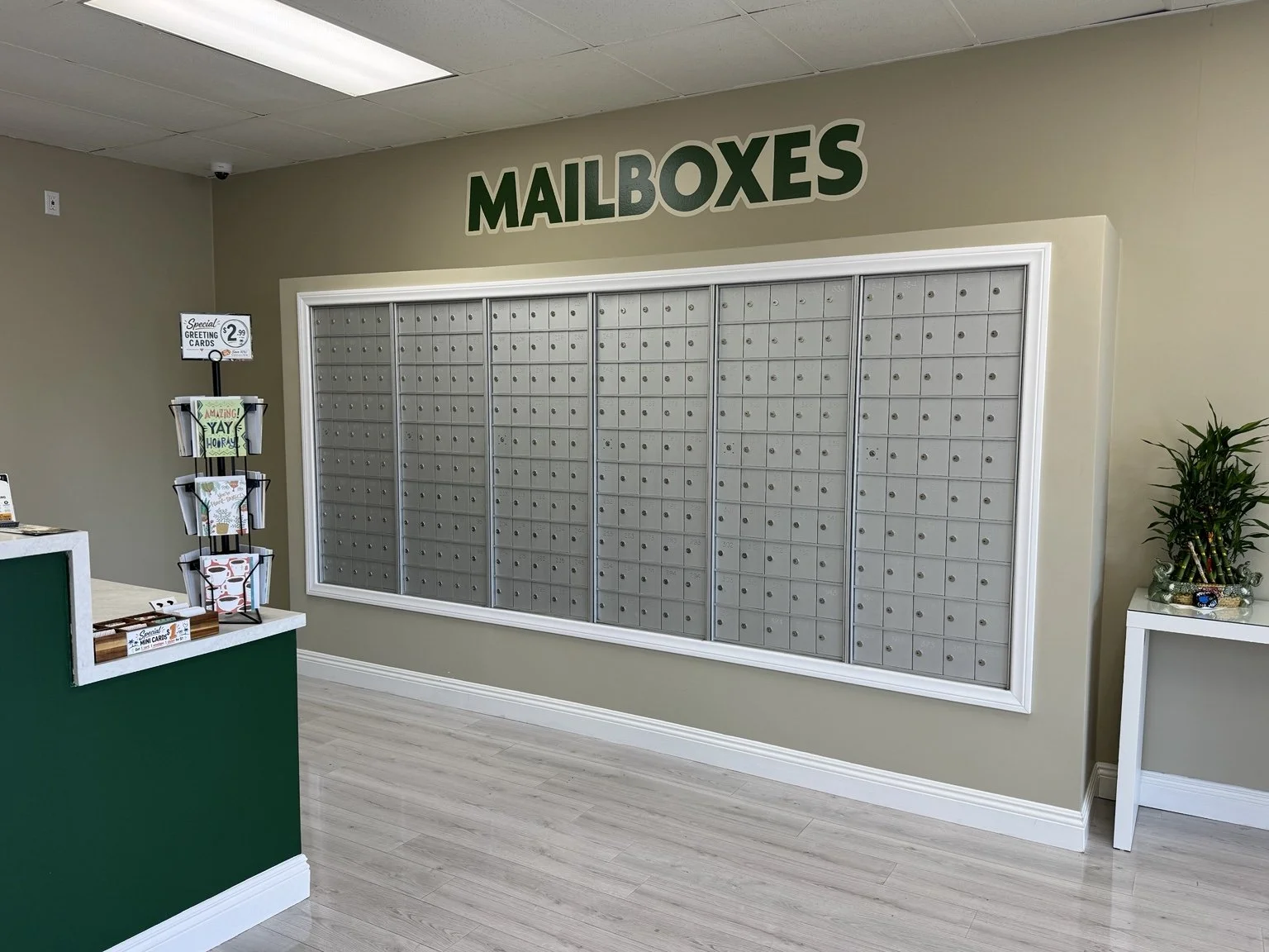 Private mailbox wall at Ship California
