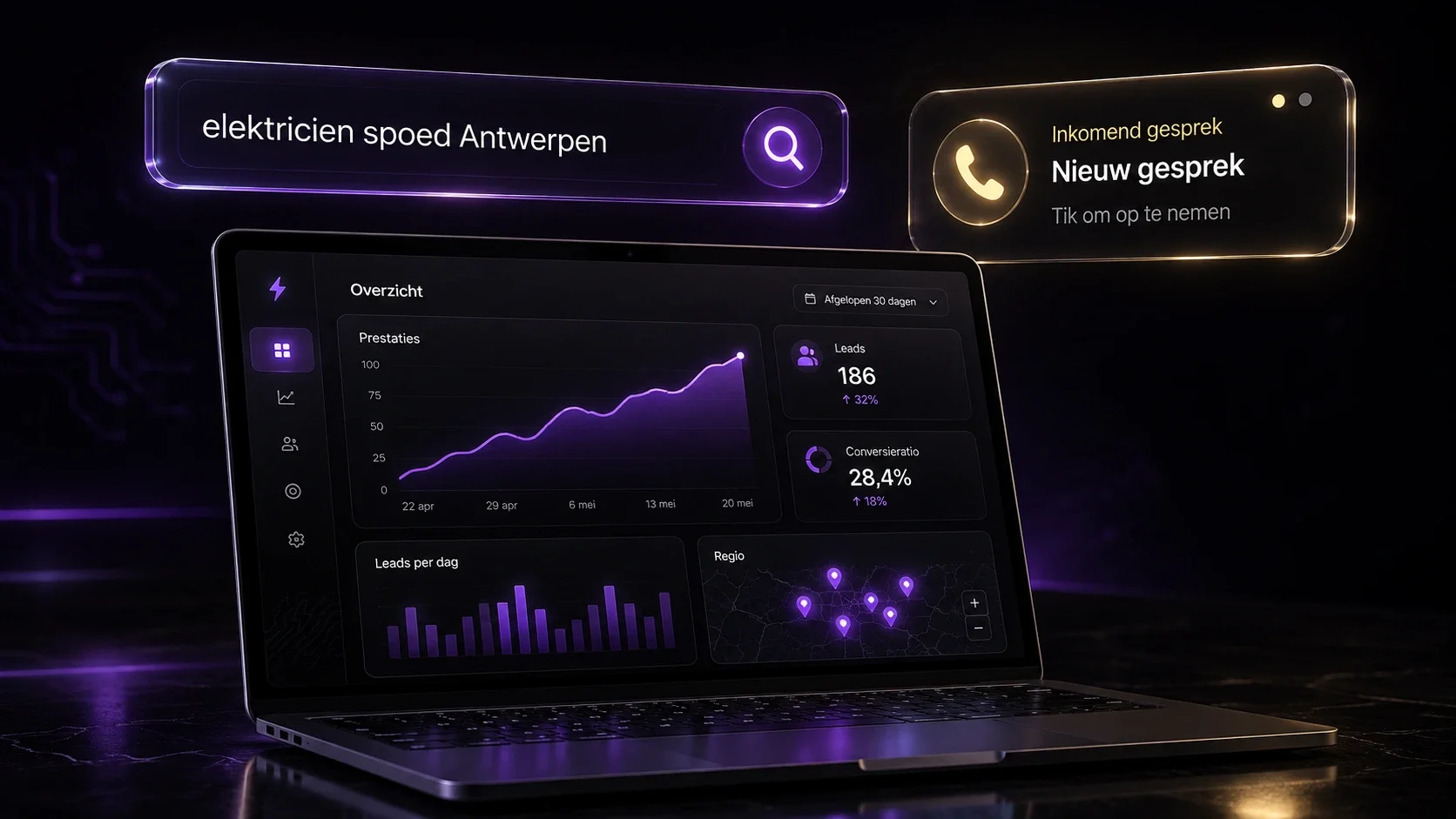 Leadgeneratie voor elektriciens: marketingdashboard met aanvragen per regio