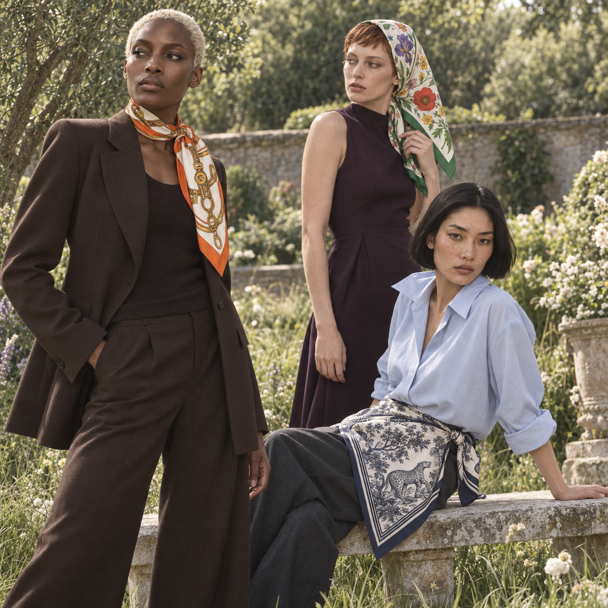 Three women in a sunlit garden wearing silk scarves at the neck, over the head and around the waist